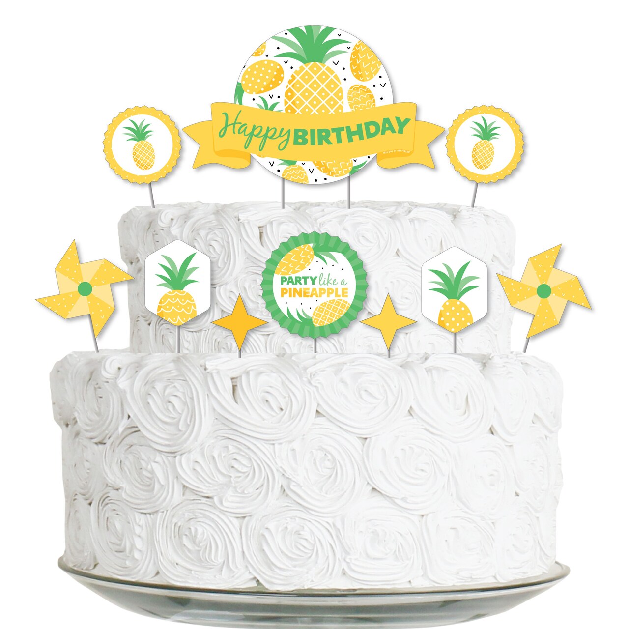Big Dot of Happiness Tropical Pineapple - Summer Birthday Party Cake Decorating Kit - Happy Birthday Cake Topper Set - 11 Pieces